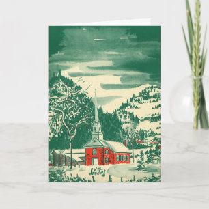 Vintage Christmas Church, Snowscape in Winter Holiday Card