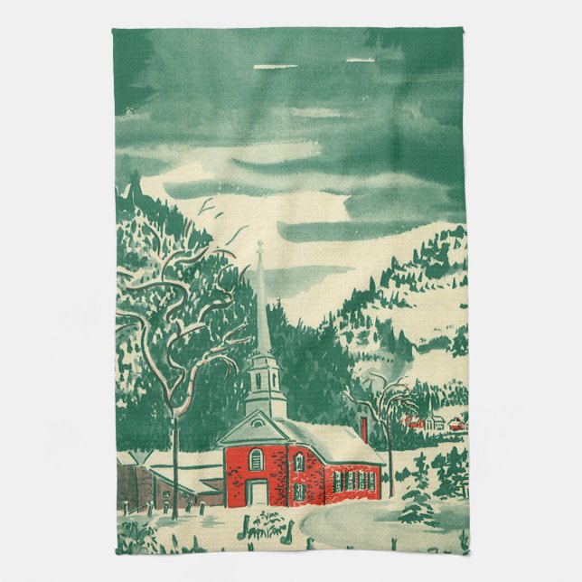 Vintage Christmas Church, Snowscape in Winter Kitchen Towel (Vertical)