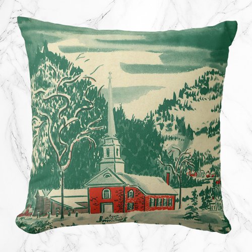 Vintage Christmas Church Snowscape in Winter Throw Pillow