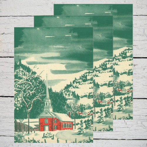 Vintage Christmas Church Snowscape in Winter Wrapping Paper Sheets