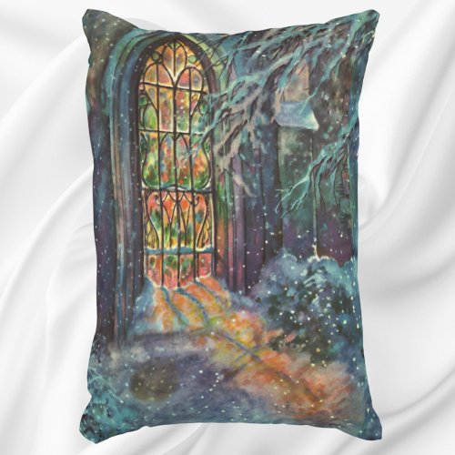 Vintage Christmas Church with Stained Glass Window Accent Pillow