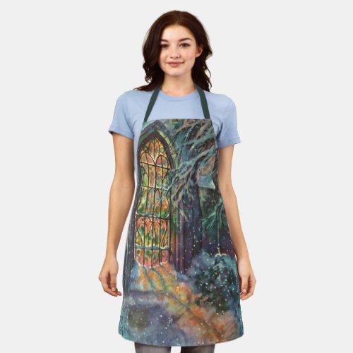 Vintage Christmas Church with Stained Glass Window Apron