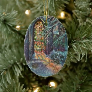 Vintage Christmas Church with Stained Glass Window Ceramic Ornament