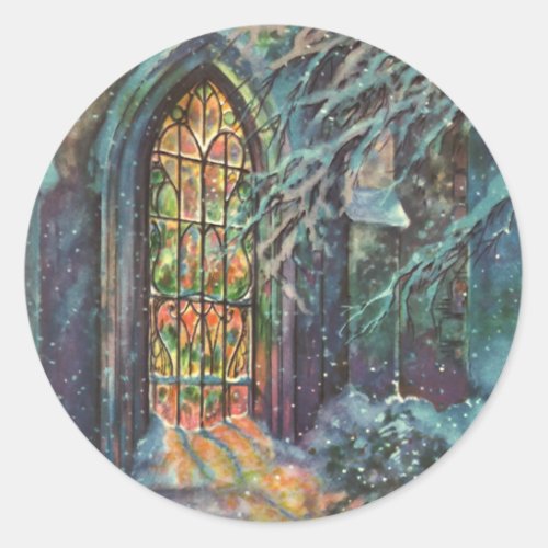 Vintage Christmas Church with Stained Glass Window Classic Round Sticker