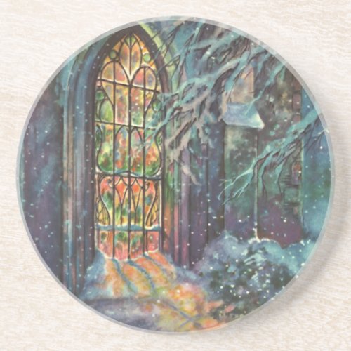 Vintage Christmas Church with Stained Glass Window Coaster