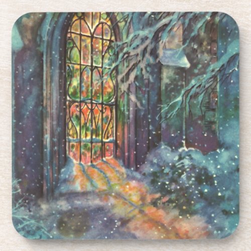 Vintage Christmas Church with Stained Glass Window Drink Coaster