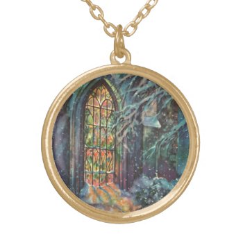 Vintage Christmas Church With Stained Glass Window Gold Plated Necklace by ChristmasCafe at Zazzle