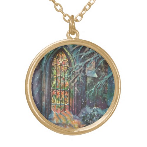 Vintage Christmas Church with Stained Glass Window Gold Plated Necklace