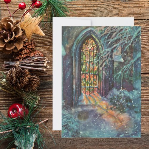 Vintage Christmas Church with Stained Glass Window Holiday Card