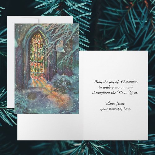 Vintage Christmas Church with Stained Glass Window Holiday Card