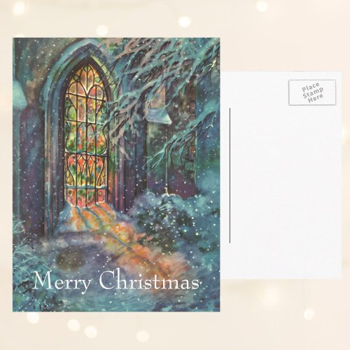 Vintage Christmas Church with Stained Glass Window Holiday Postcard