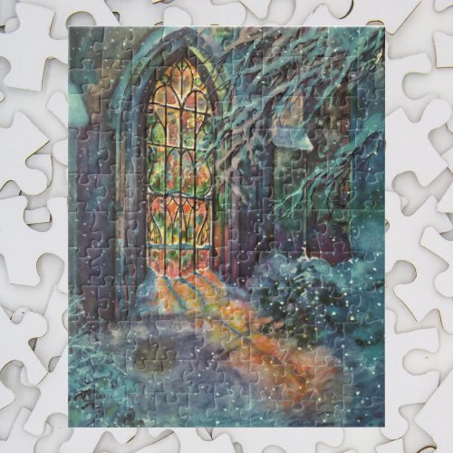 Vintage Christmas Church with Stained Glass Window Jigsaw Puzzle