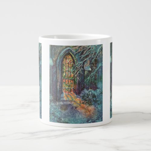 Vintage Christmas Church with Stained Glass Window Large Coffee Mug