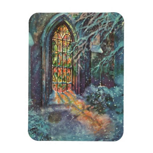 Vintage Christmas Church with Stained Glass Window Magnet