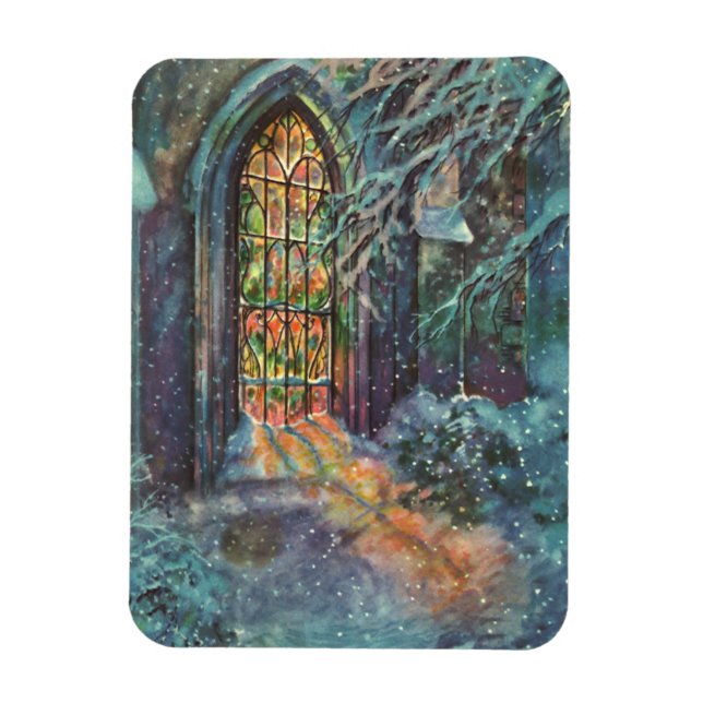 Vintage Christmas Church with Stained Glass Window Magnet (Vertical)