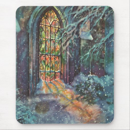 Vintage Christmas Church with Stained Glass Window Mouse Pad