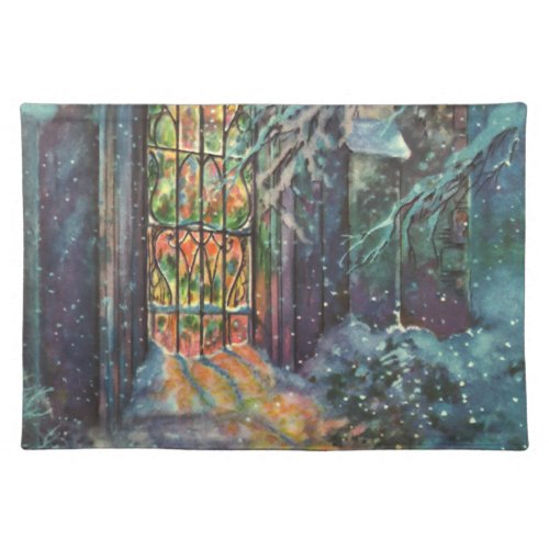 Vintage Christmas Church with Stained Glass Window Placemat