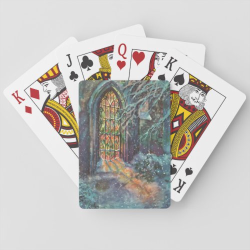 Vintage Christmas Church with Stained Glass Window Poker Cards