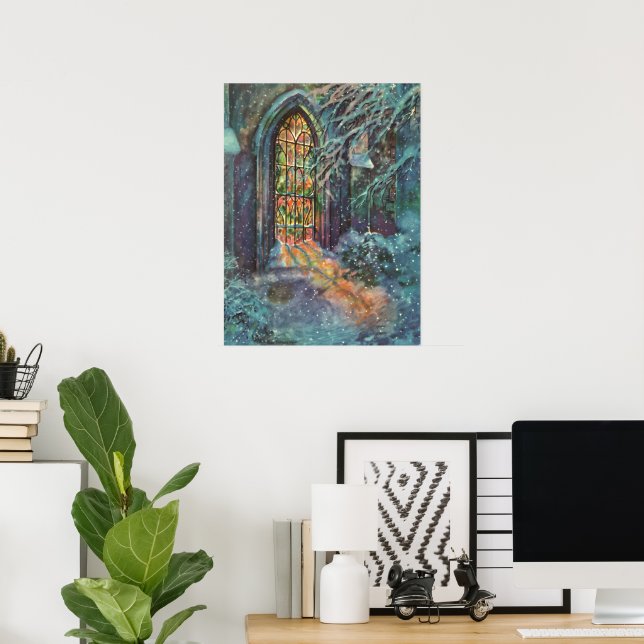 Vintage Christmas Church with Stained Glass Window Poster (Home Office)