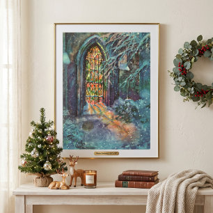 Vintage Christmas Church with Stained Glass Window Poster