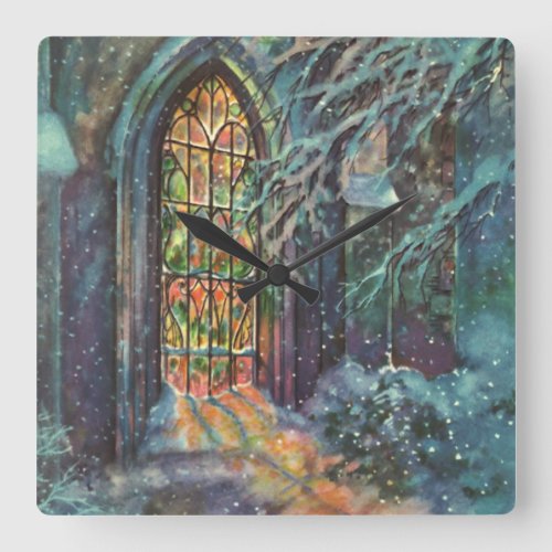 Vintage Christmas Church with Stained Glass Window Square Wall Clock