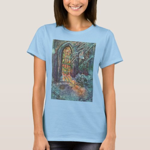 Vintage Christmas Church with Stained Glass Window T_Shirt