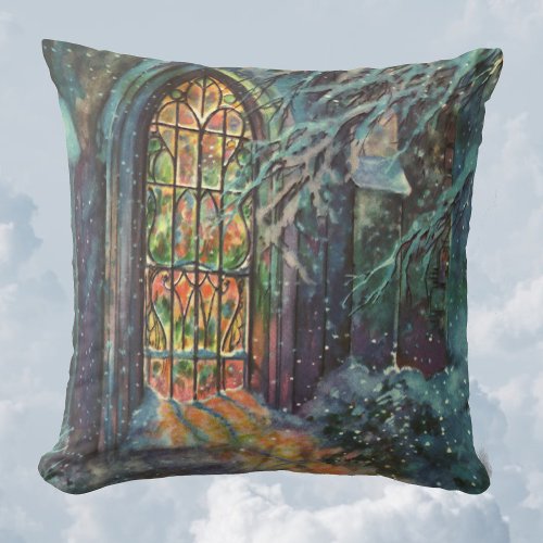 Vintage Christmas Church with Stained Glass Window Throw Pillow