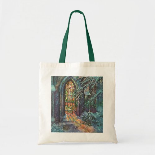 Vintage Christmas Church with Stained Glass Window Tote Bag