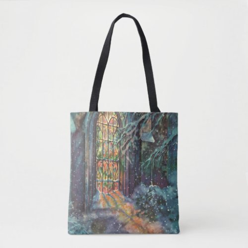 Vintage Christmas Church with Stained Glass Window Tote Bag