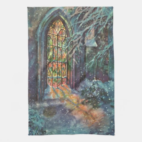 Vintage Christmas Church with Stained Glass Window Towel