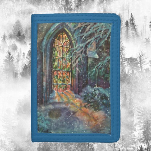 Vintage Christmas Church with Stained Glass Window Trifold Wallet