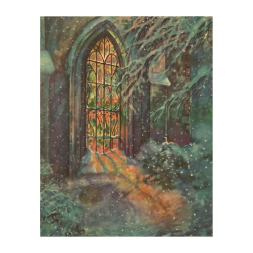 Vintage Christmas Church with Stained Glass Window Wood Wall Decor