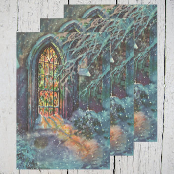 Vintage Christmas Church With Stained Glass Window Wrapping Paper Sheets by ChristmasCafe at Zazzle