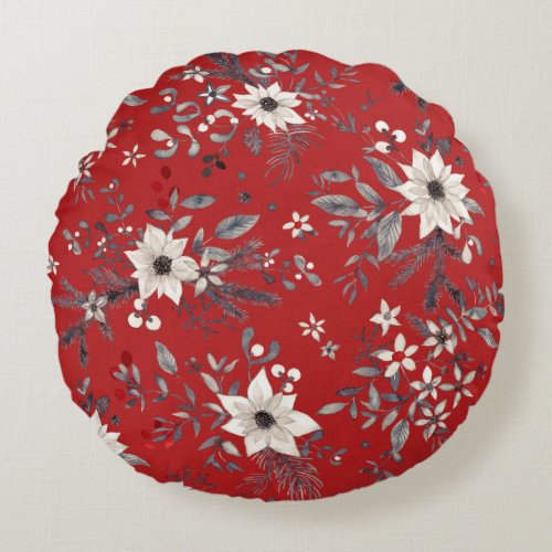 Vintage Christmas classic winter watercolor floral Round Pillow