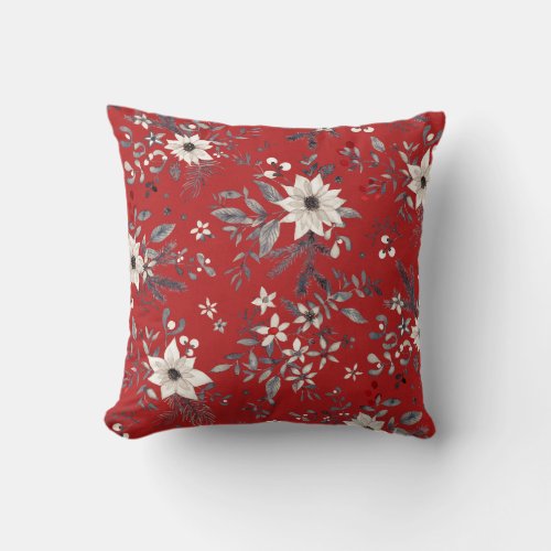 Vintage Christmas classic winter watercolor floral Throw Pillow