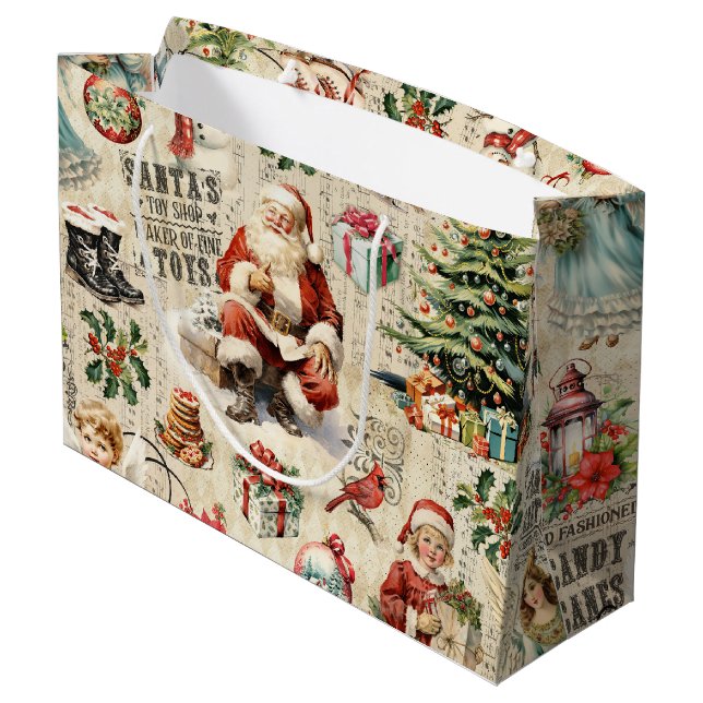 Vintage Christmas Collage Decoupage Large Gift Bag (Back Angled)