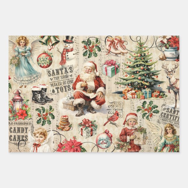 Vintage Christmas Collage Decoupage Wrapping Paper Sheets (Front)