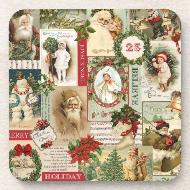 VINTAGE CHRISTMAS COLLAGE DRINK COASTER (Front)