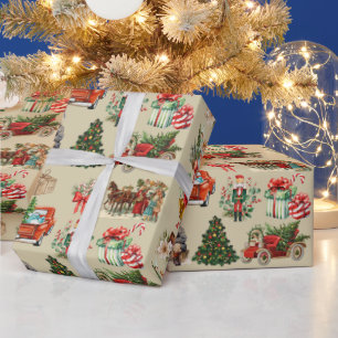 Vintage Christmas Collage Gold Wrapping Paper