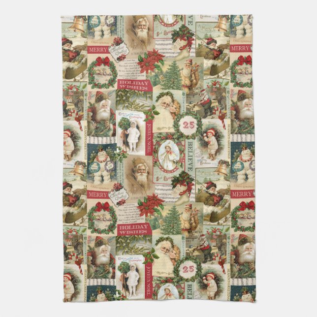 VINTAGE CHRISTMAS COLLAGE KITCHEN TOWEL (Vertical)