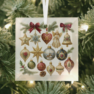 Vintage Christmas Collage Square Glass Ornament