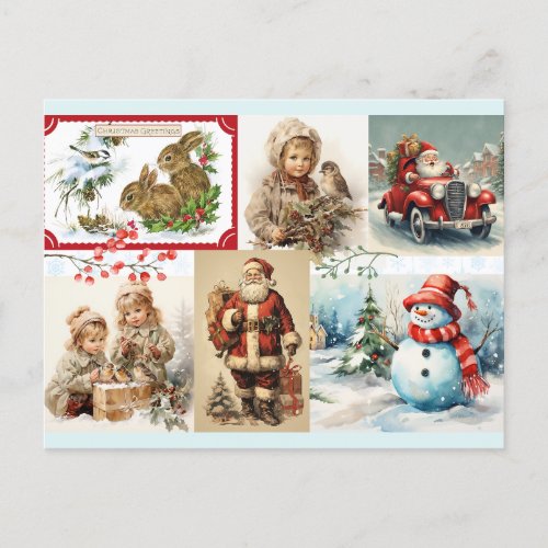 Vintage Christmas Collage with Santa and Children  Holiday Postcard