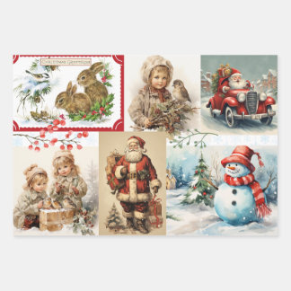 Vintage Christmas Collage with Santa and Children Wrapping Paper Sheets