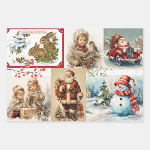 Vintage Christmas Collage with Santa and Children  Wrapping Paper Sheets