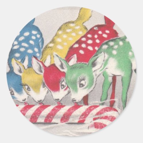 Vintage Christmas Colorful Deer Eating Candy Cane Classic Round Sticker
