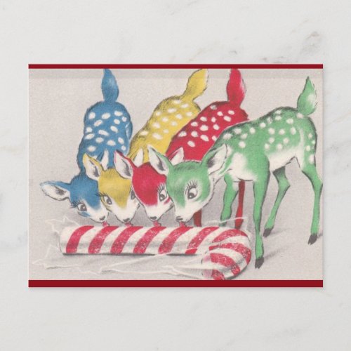 Vintage Christmas Colorful Deer Eating Candy Cane Holiday Postcard