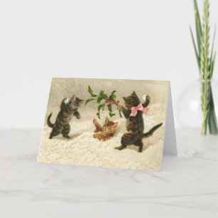 Vintage Christmas comic cats cat snowball fight Holiday Card
