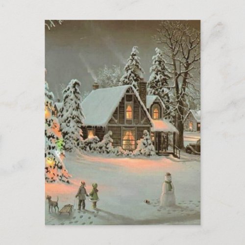 Vintage Christmas Cottage Holiday Postcard