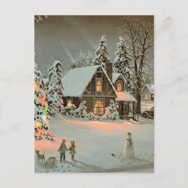 Vintage Christmas Cottage Holiday Postcard (Front)