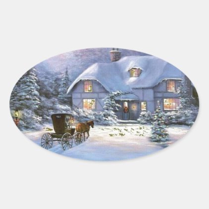 Vintage Christmas Cottage Oval Sticker